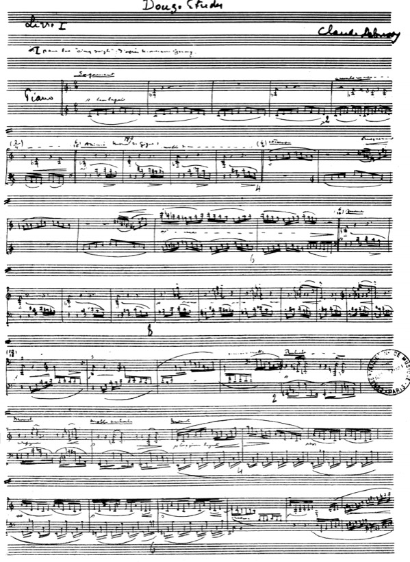 Rękopis nutowy: nagłówek Douze Études, podpis Claude Debussy, gęsty zapis fortepianowy