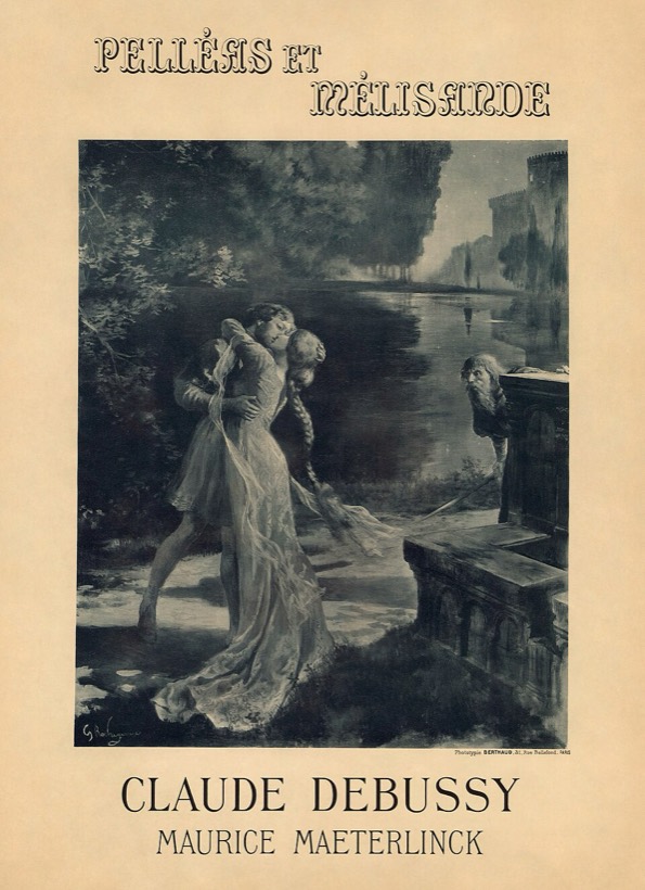 Plakat: para w objęciach nad stawem w ogrodzie, napis Pelléas et Mélisande, Claude Debussy, Maurice Maeterlinck